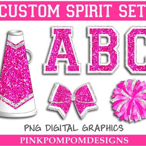 Glitter und Glam Custom Spirit Set digitale Clip Art Grafiken - pink und silber jubeln, pinke Buchstaben, pinker Bommel, pinke Schleife