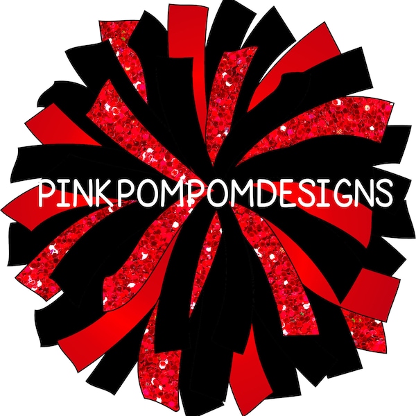 Custom Glitter and Glam Pom Pom digital clip art - red and black pom - 3 versions included - red black cheer pom instant download