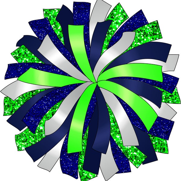 CUSTOM POM - Glitter and Glam Pom Pom digital clip art - Neon green and Navy pom pom png - cheerleading pom png - green navy silver