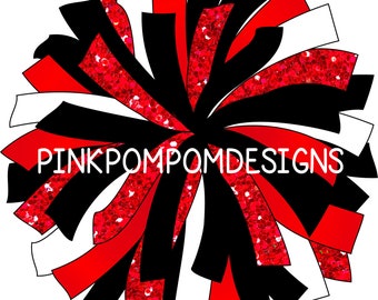 Custom Glitter and Glam Pom Pom digital clip art - red black white pom - 3 versions included - red white black cheer pom instant download