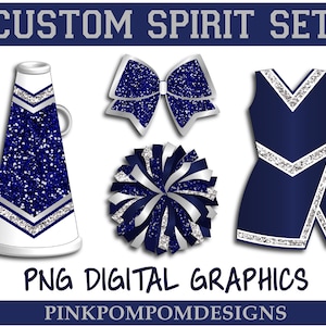 Glitter and Glam custom cheer digital clip art - Navy and silver - megaphone png - pom png - bow - digital graphics - Navy Silver Cheer