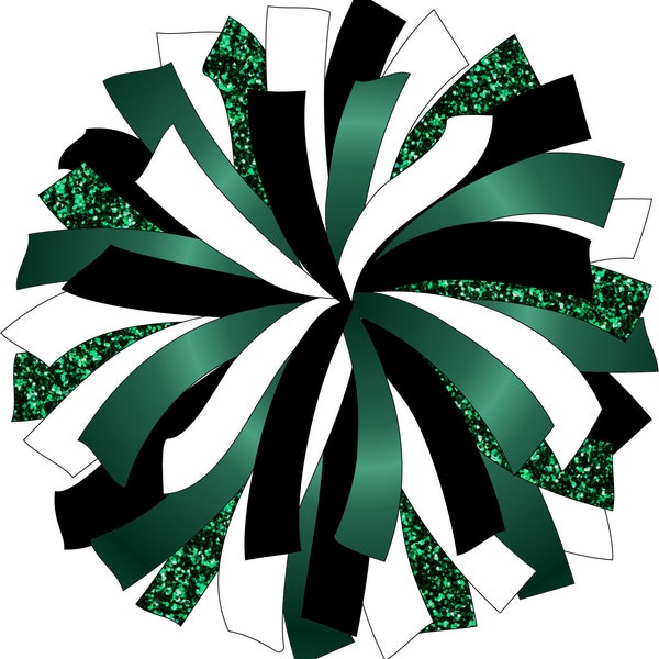 CUSTOM POM - Glitter and Glam Pom Pom digital clip art - Emerald green white black pom pom png - cheerleading pom png - green black white