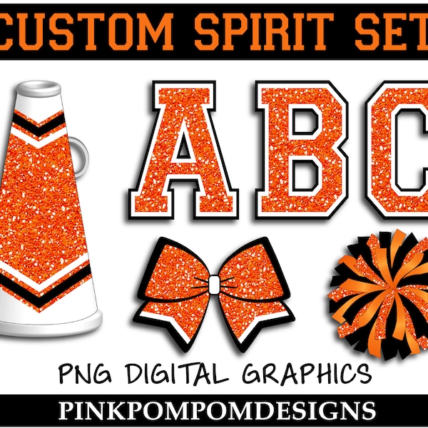 Glitter and Glam custom spirit set digital clip art graphics - megaphone - pom png - cheer graphics - Orange Black White