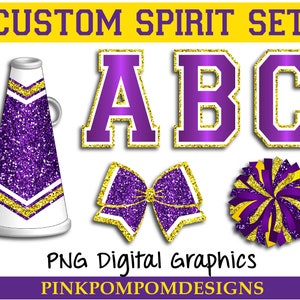 Custom Spirit Set - Glitter and Glam Cheer digital clip art - PNG - Purple and Gold - megaphone - pom - bow - letters