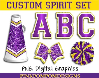 Custom Spirit Set - Glitter and Glam Cheer digital clip art - PNG - Purple and Gold - megaphone - pom - bow - letters
