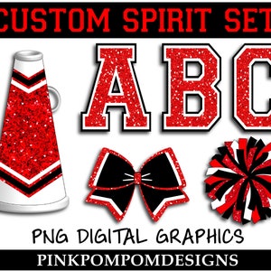 Glitter and Glam custom spirit set digital clip art - letters png - megaphone png - pom png - digital graphics - Red Black White Cheer