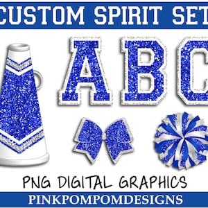 Glitter and Glam custom spirit set digital clip art - Blue Silver megaphone png - pom png - digital graphics - Blue Silver Cheer graphics