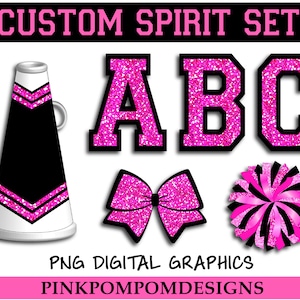 Glitter and Glam custom spirit set digital clip art graphics - pink and black cheer set - pink letters - pink pom - pink bow