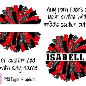 CUSTOM ORDER - Glitter and Glam Pom Pom digital clip art with middle cutout - red and black pom name png - cheerleading name pom
