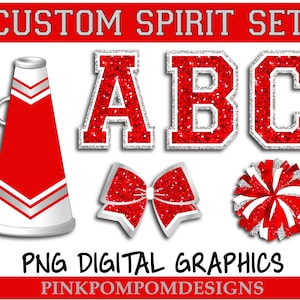 Glitter and Glam custom cheer digital clip art - red gray black white - megaphone png - pom png - bow - digital graphics - custom cheer set