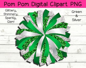 Glitter and Glam Pom Pom digital clip art - green and silver pom pom png - cheerleading pom png - sparkle pom - silver pom - green pom