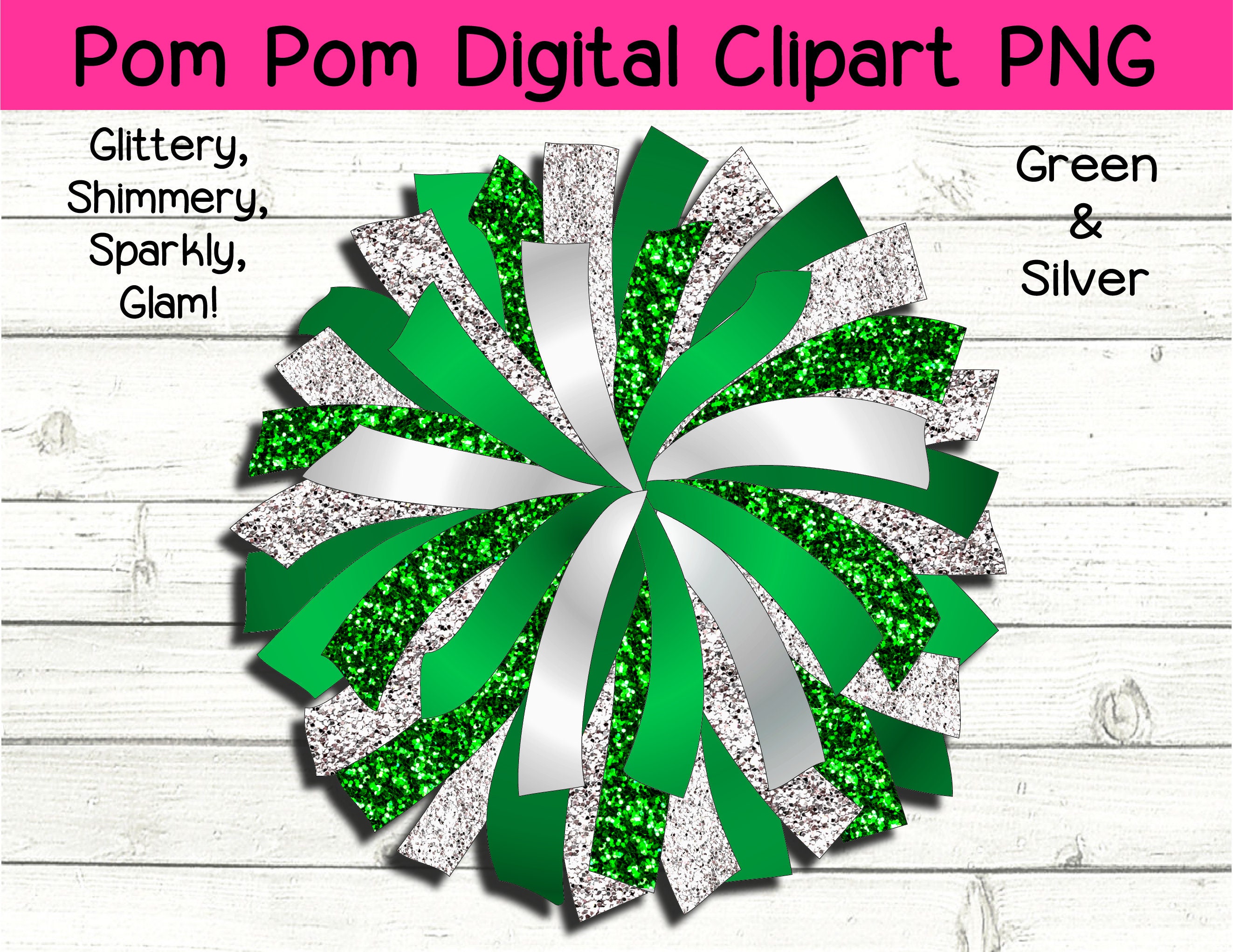 Glitter and Glam Pom Pom digital clip art - green and silver pom pom png -  cheerleading pom png - sparkle pom - silver pom - green pom