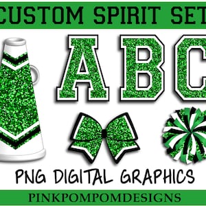 Glitter and Glam custom cheer digital clip art - green black white - megaphone png - pom png - bow - graphics - Green Black White Cheer