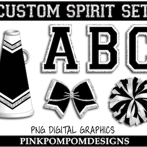 Glitter and Glam custom cheer digital clip art - Black Silver White Cheer graphics - cheer alphabet - PNG