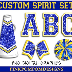 Glitter and Glam custom cheer spirit set digital clip art - Blue and yellow cheer png - pom png - cheer digital graphics - blue gold