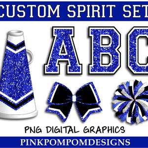 Glitter and Glam custom cheer spirit set digital clip art - Blue black white cheer png - pom png - cheer digital graphics