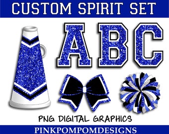 Glitter and Glam custom cheer spirit set digital clip art - Blue black white cheer png - pom png - cheer digital graphics
