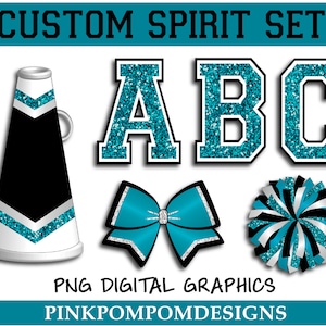 Clip art digital personalizado de porristas con brillo y glamour: negro y verde azulado, PNG, gráficos de porristas, letras de porristas, pompón verde azulado, lazo verde azulado