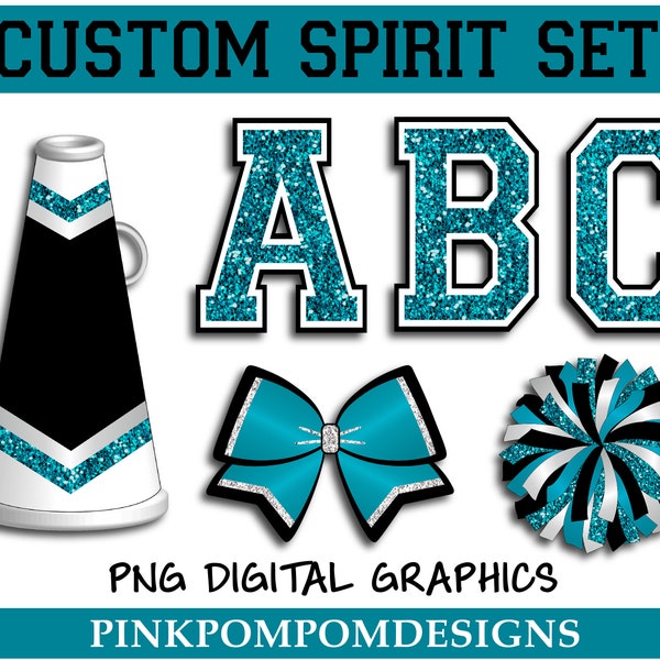 Glitter and Glam custom cheer digital clip art - Black and teal - PNG - cheer graphics - cheer letters - teal pom - teal bow