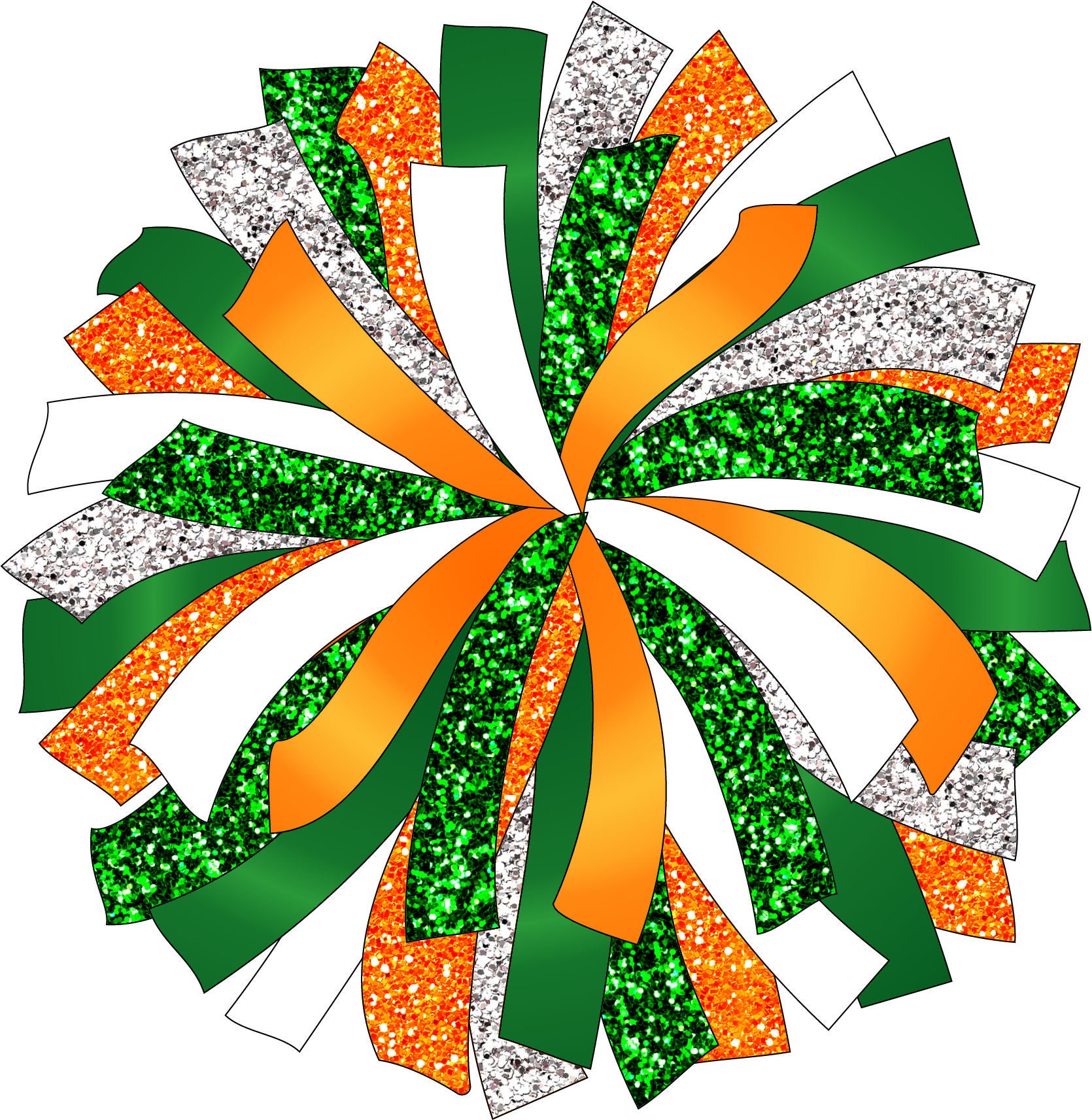 CUSTOM POM - Glitter and Glam Pom Pom digital clip art - Green orange white  pom pom png - cheerleading pom png - green orange white cheer