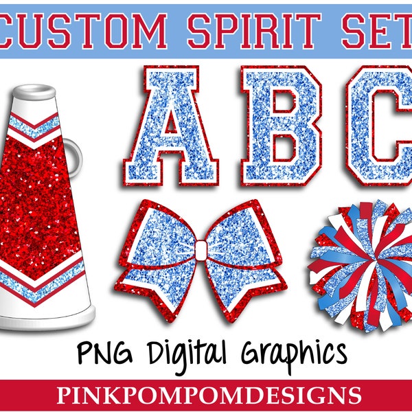 Glitter and Glam custom spirit set digital clip art - Baby Blue Red White - digital graphics - Blue Red White Cheer graphics