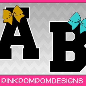 May include: Two varsity-style letters, A and B, in black with white outlines, each topped with a bow. The letter A has a gold bow, and the letter B has a teal bow. The background is a grey and white chevron pattern. The text "pinkpompomdesigns" is at the bottom.