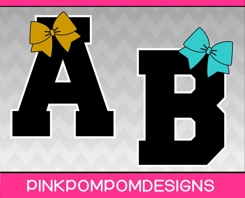 May include: Two varsity-style letters, A and B, in black with white outlines, each topped with a bow. The letter A has a gold bow, and the letter B has a teal bow. The background is a grey and white chevron pattern. The text "pinkpompomdesigns" is at the bottom.