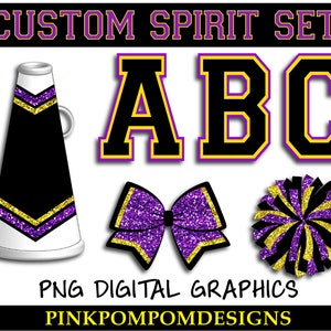 Glitter and Glam custom cheer spirit set digital clip art - cheer png - pom png - cheer digital graphics - Black gold purple cheer