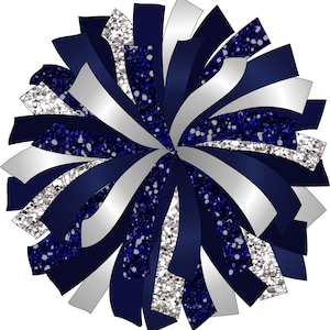 Peut inclure: Une pom-pom de cheerleading bleu marine et argentée à paillettes. La pom-pom est composée de plusieurs couches de ruban et a une finition scintillante.