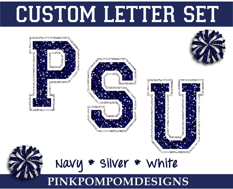 Psu Design Lettering Glitter and Glam Custom Cheer Digital Clip Art - Navy and Silver ...
