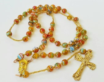 Handmade Italian Millefiori Glass Bead Rosary with Gold Plated Cross and Centerpiece. Easter, Christmas, Birthday Gift