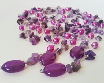Handmade Amethyst and Dyed Fresh Water Pearl Versatile Necklace