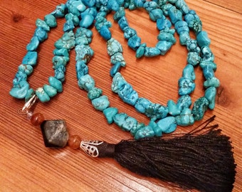 Handmade 108 Mala Bead, Large Turquoise Mala with Geode, 25" Long Necklace with Detachable Tassel, Unisex