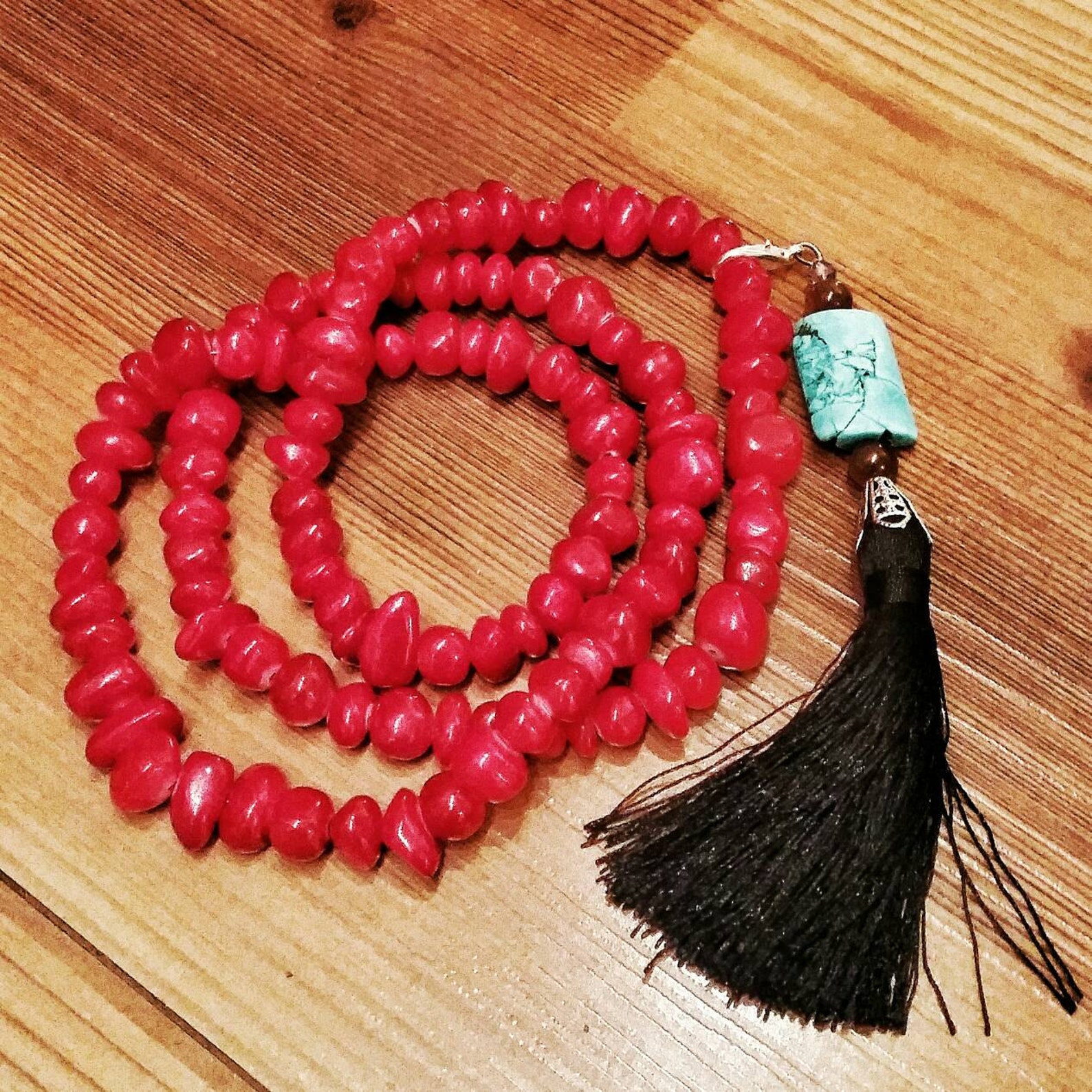 Handmade 108 Mala Beads, Large Crimson Mala With Turquoise 25 Long