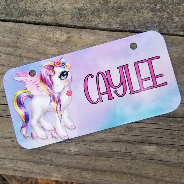 Pink Unicorn Rainbow Custom Personalized bike license plate, kids license plate, mini license plate, pegasus, kids gift, girls gift