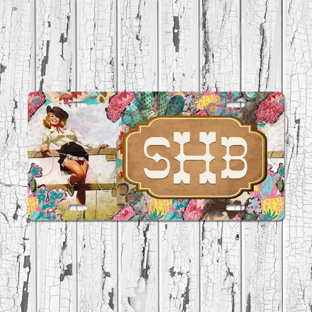 Cowgirl Pin up Name License Plate. Personalized Western Theme Turquoise