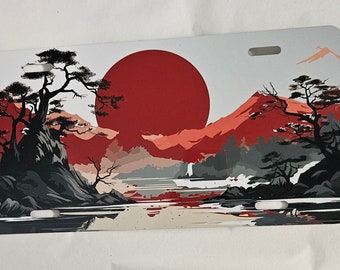 Red Japanese Sun waves and moon license plate. Red and Grey, Gray. JDM. Front license plate car tag. Name plate, vanity plate, plate cover