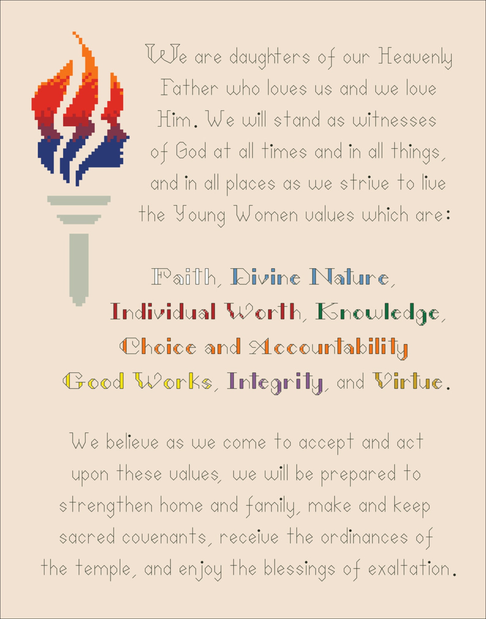 LDS Young Women Theme 11x14 Digital PDF Cross Stitch Etsy