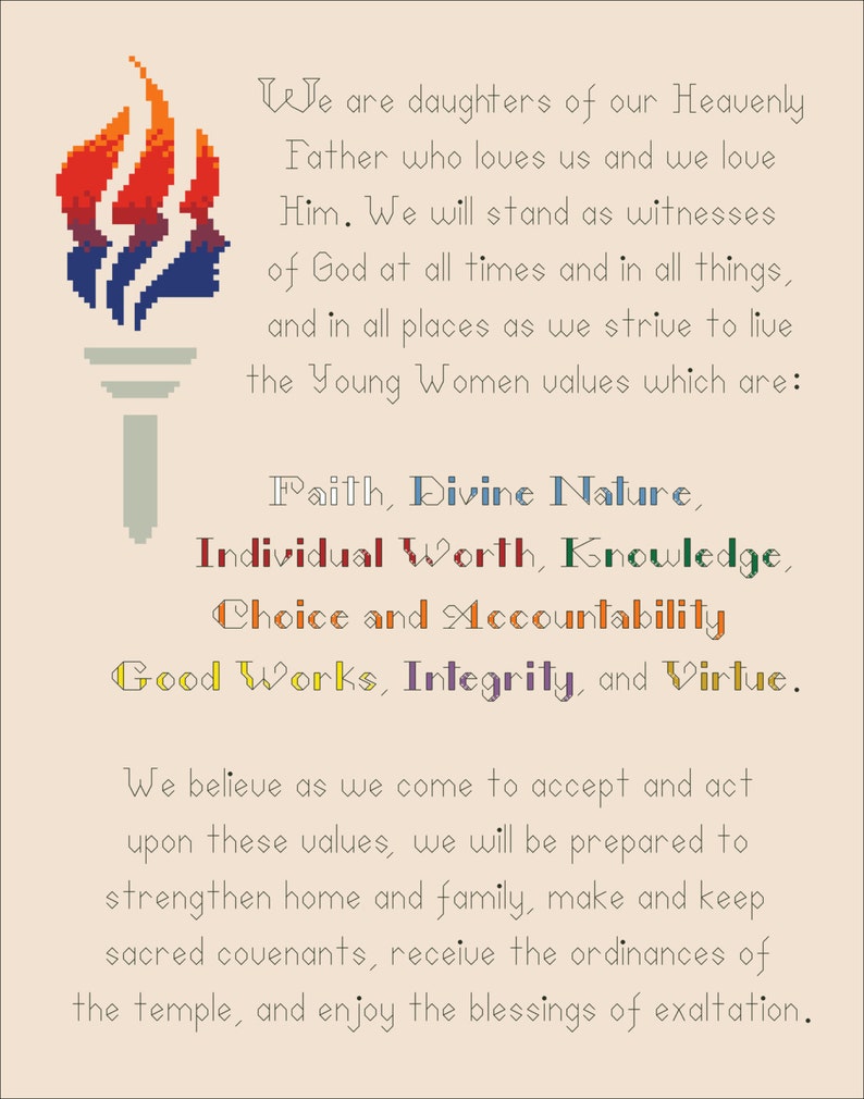 LDS Young Women Theme 11x14 Digital PDF Cross Stitch Etsy