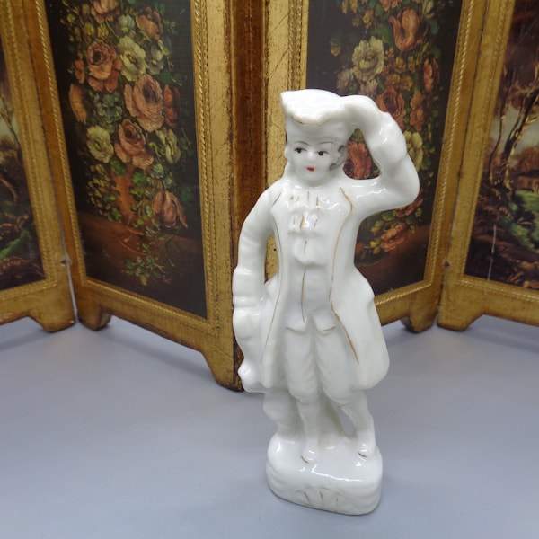 Rare**Vintage,  Japan  Figurine, 18th Century Man  With Hat Hand Painted All White with Gold Trim