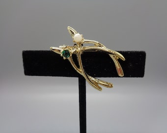Vintage  Sweet 1 3/8 Wishbone Brooch Gold Finish with Faux Pearl and Emerald Stone