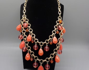 Vintage Coral Beads & Coral Cabochons Gold Tone  Necklace 18 inch plus 3 inch extension