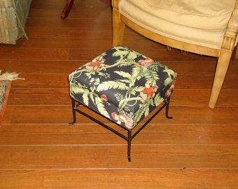 Vintage Foot Stool with Storage Upholstered in Wonderful Monkey Print, Black Metal Finish