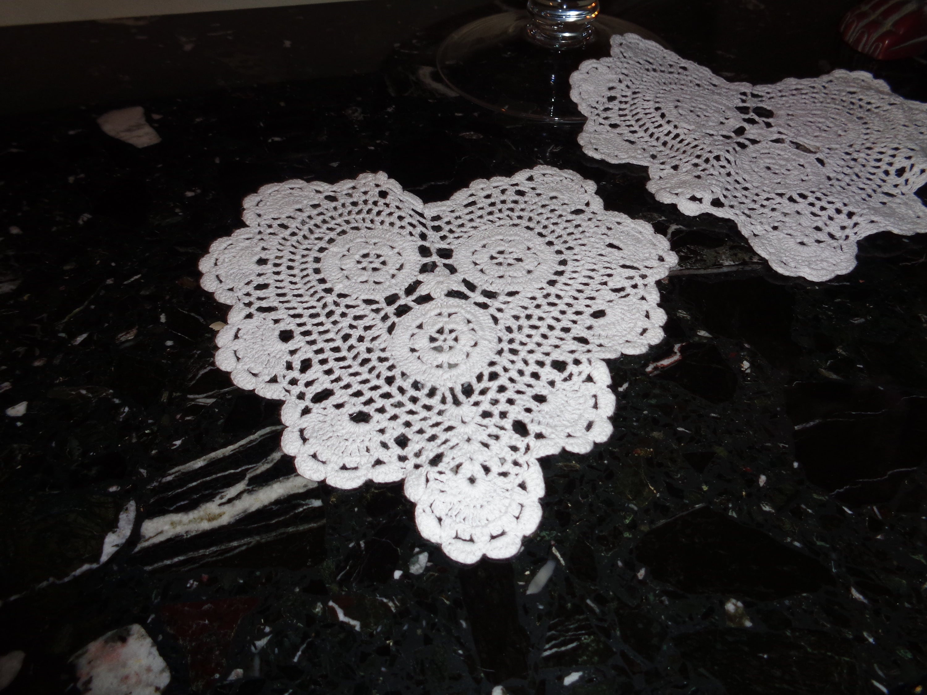 Vintage  2  WHITE Crochet Lace HEARTS Tray or Table Doily 8 inch,  Makes perfect gift and Tomorrow's Heirloom