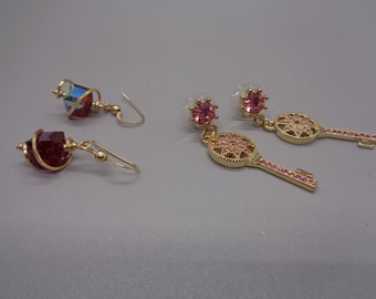 Vintage 2 Pair of Pierced Earrings One Pair Irrdescent Wire Wrapped and One Pair Gold Key  Dangle