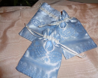 Set of 3 Blue Satin Gift, Jewelry, Drawstring Bag, Favor Bag, Storage Pouch, ECO Friendly