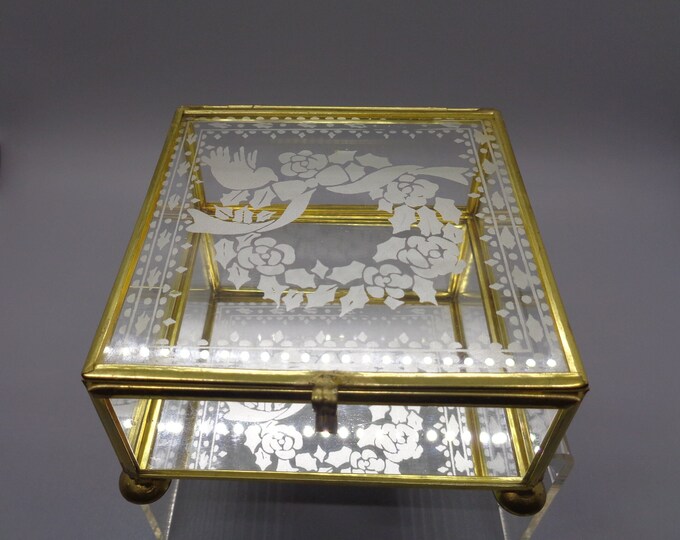 Vintage Brass & Glass Jewelry Box, Trinket Box Footed and Mirror Inside