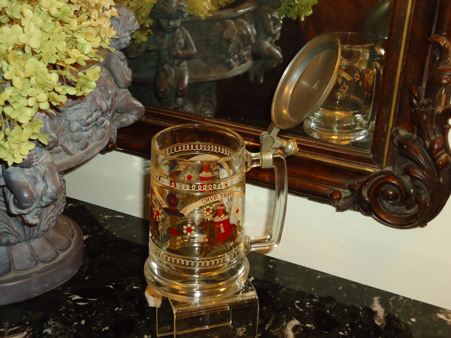 Vintage German Hand Painted Glass Beer Stein With Pewter Top Etsy