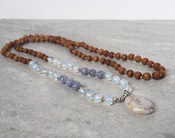 Hand Knotted Mala Necklace / Sandalwood + Opal + Angelite Meditation Jewelry / Gemstone Yoga Prayer Beads