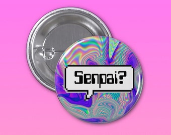 May include: A holographic button with a pixelated speech bubble that says "Senpai?" in black text.